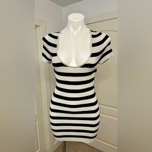 Cache Scoop Neck Short Sleeve Striped Top in Black and Metallic Silver